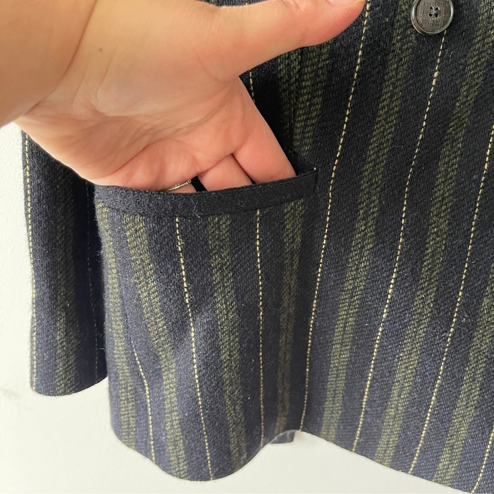 Massimo Dutti Striped Double-Breasted Blazer wool navy green office waist tie 6 - Picture 8 of 11